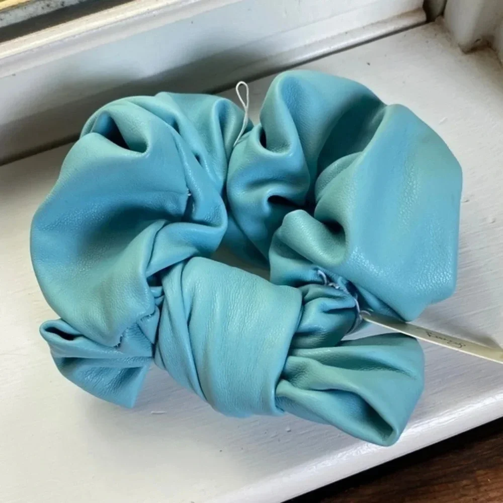 Anthropologie Faux Leather Blue Hair Bow Scrunchie